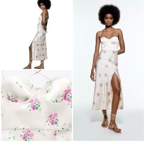 Zara Floral Roses Lace Up Lace Back Satin Effect High Slit Slip Midi